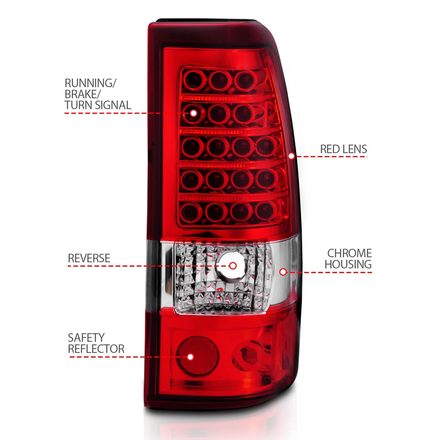 ANZO 311007 Chrome Red Classic LED Tail Lights | 2003-2007 GM Chevrolet Silverado 2500HD/3500HD