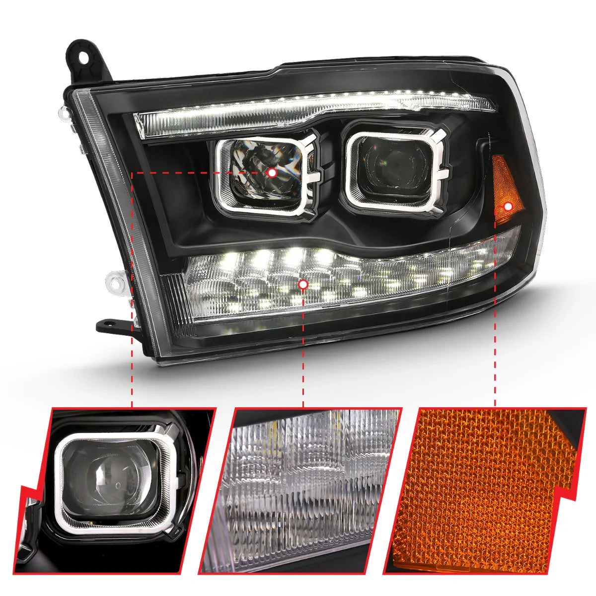 ANZO 111441 Black Dual Projector Switchback Headlights | 2010-2018 Dodge RAM 2500/3500 6.7L Cummins