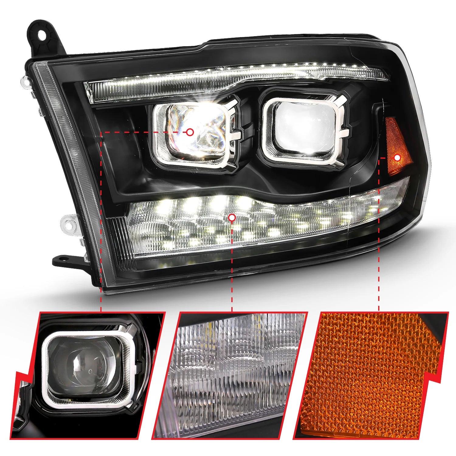 ANZO 111464 Black Dual LED Projector Switchback Headlights | 2010-2018 Dodge RAM 2500/3500 6.7L Cummins