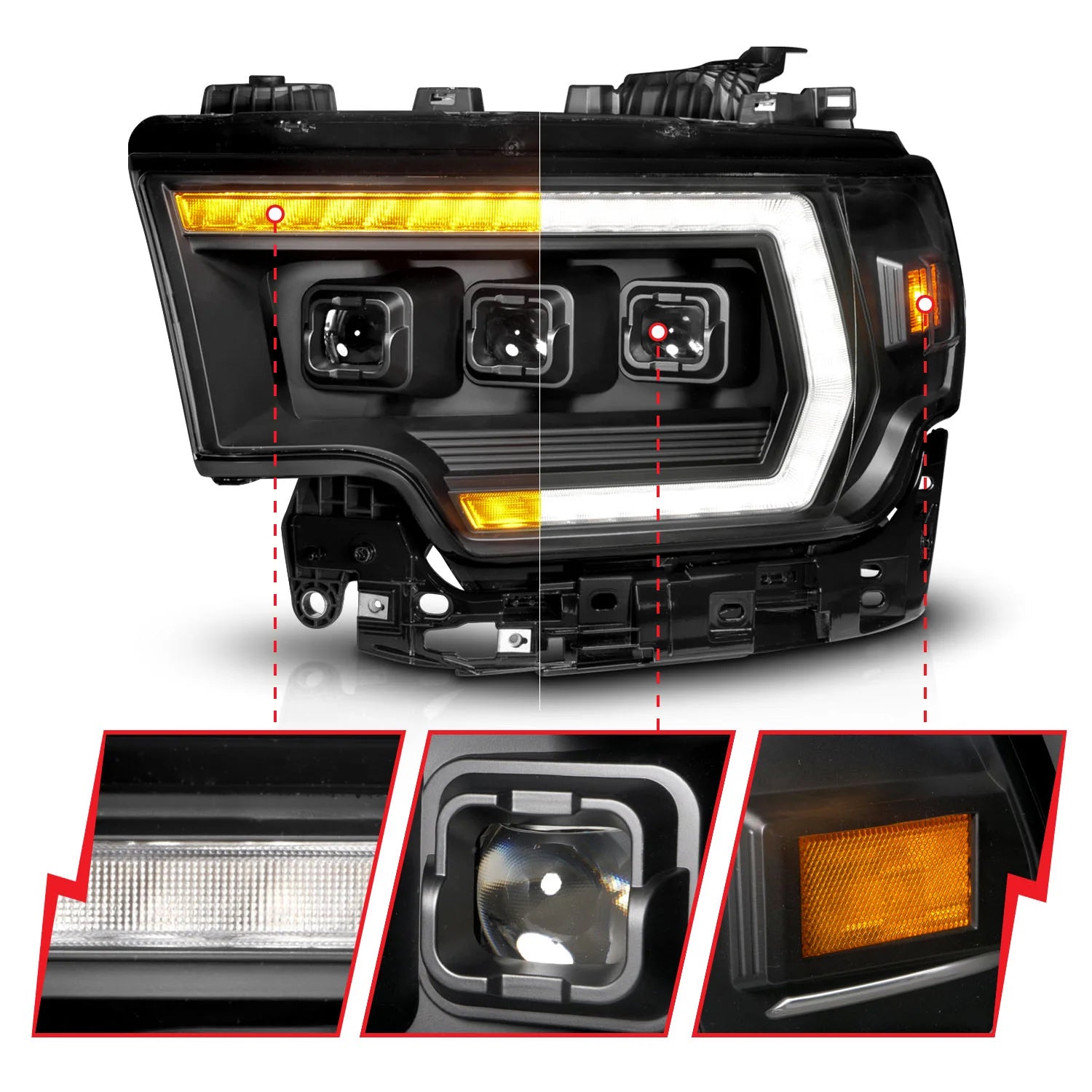 ANZO 111601X Z-Series Full LED Projector Headlights with DRL Switch (Black Housing) | 2019-2024 RAM 2500/3500