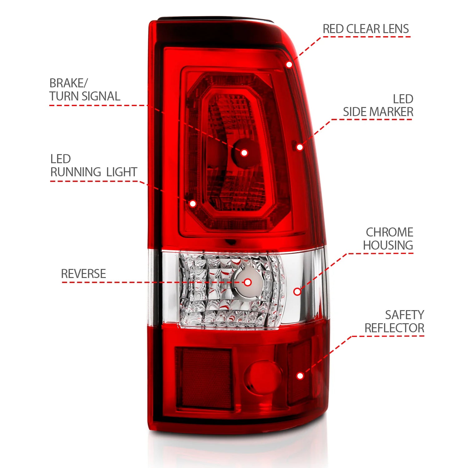 ANZO 311329 Chrome Red Bar Style LED Tail Lights | 2003-2006 GM Chevrolet Silverado 2500HD/3500HD