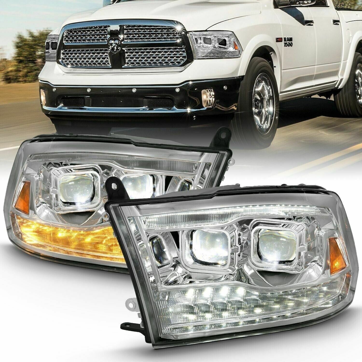 ANZO 111465 Chrome Dual LED Projector Switchback Headlights | 2010-2018 Dodge RAM 2500/3500 6.7L Cummins