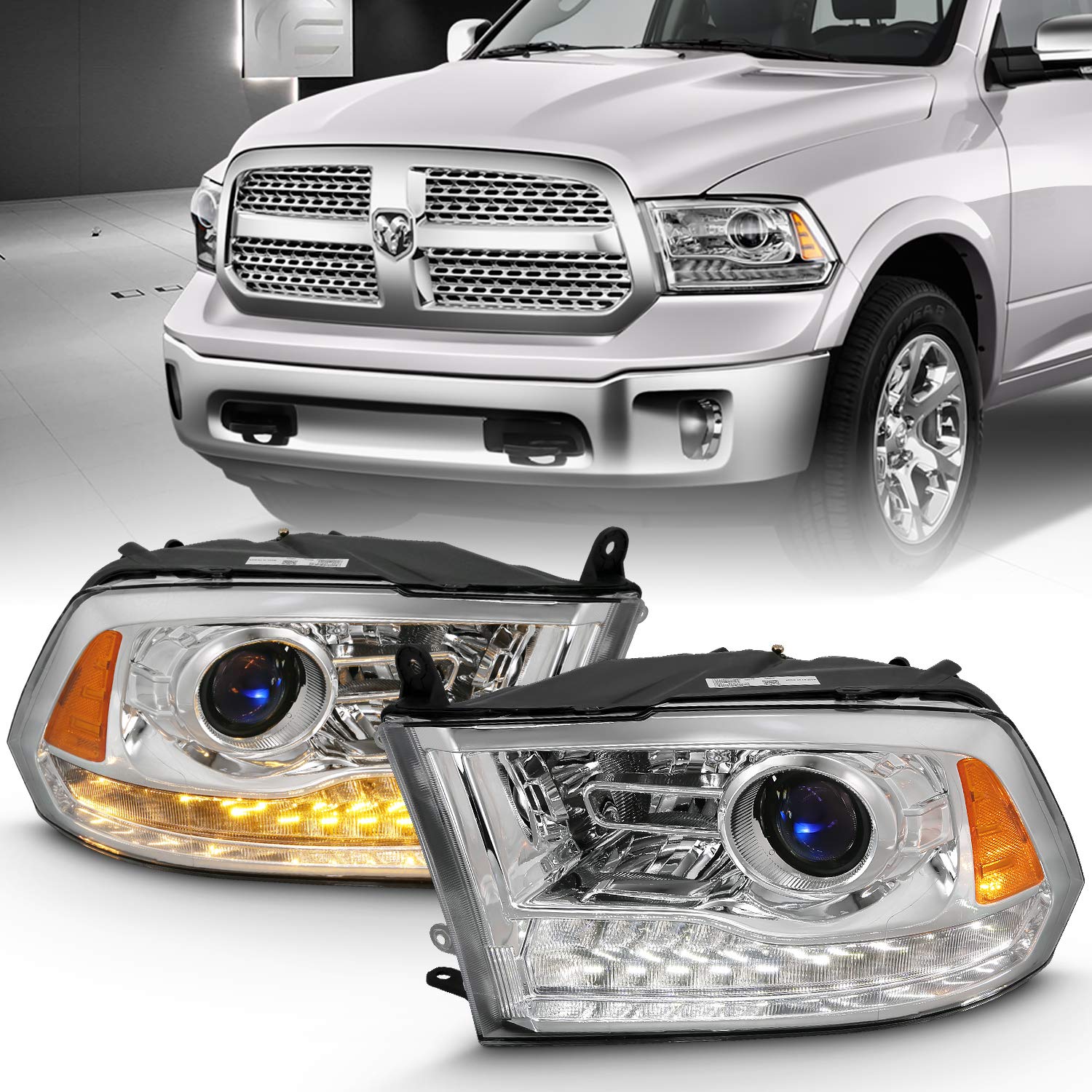 ANZO 111440 Chrome Projector Plank-Style Switchback Headlights | 2010-2018 Dodge RAM 2500/3500 6.7L Cummins