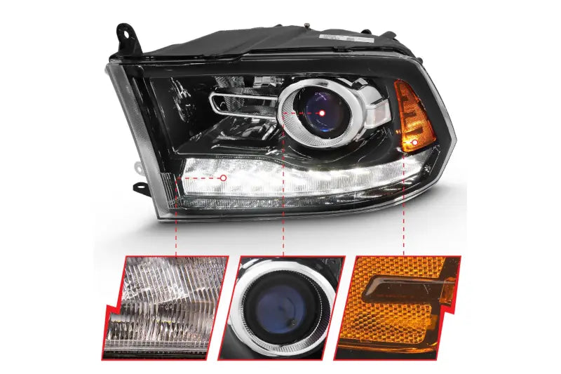 ANZO 111439 Glossy Black Amber Projector Plank-Style Switchback Headlights | 2009-2018 Dodge RAM 2500/3500 6.7L Cummins
