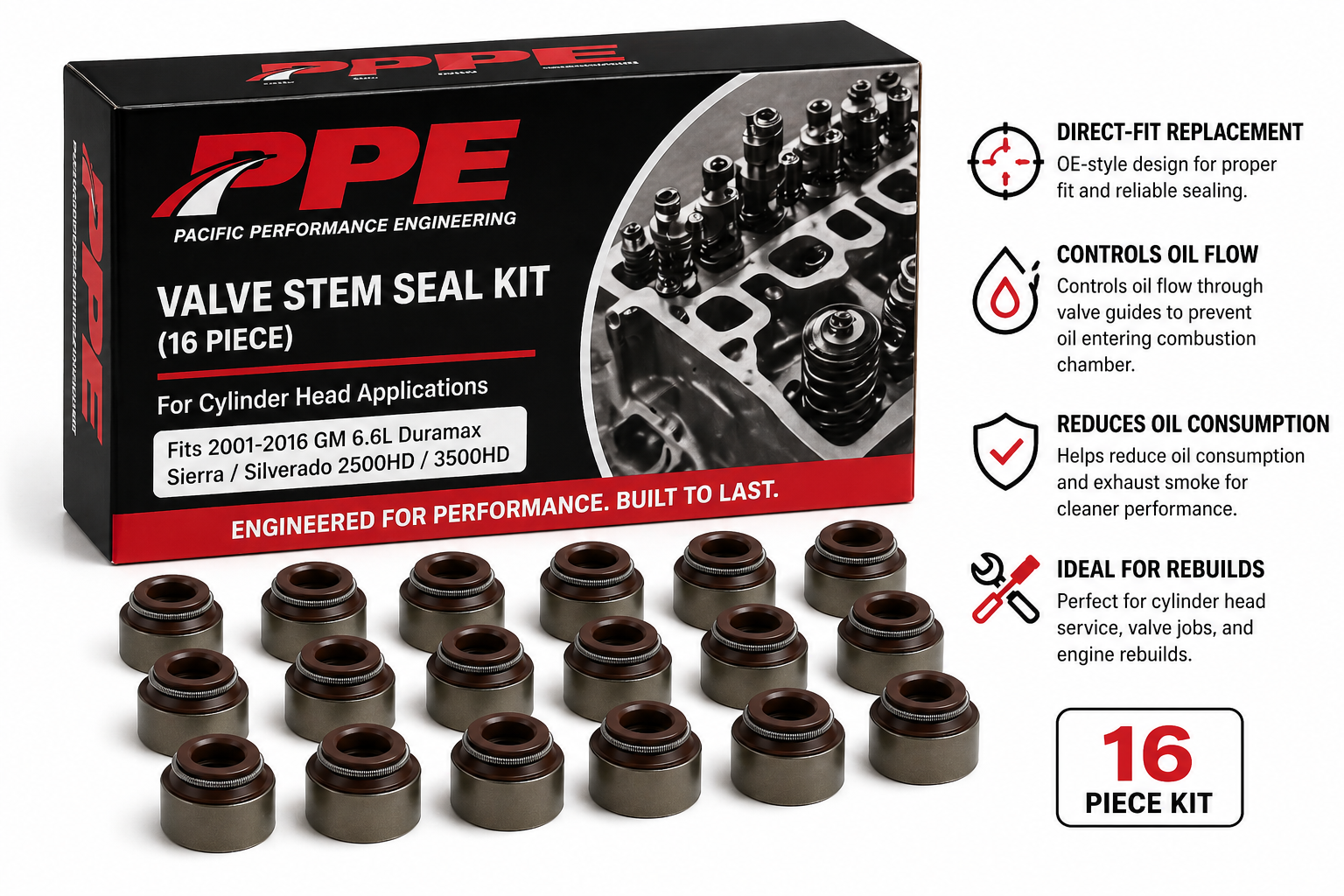 PPE 110090016 Valve Stem Seal Kit (16pcs) for Cylinder Head | 2001-2016 GM Sierra/Silverado 2500HD/3500HD 6.6L Duramax