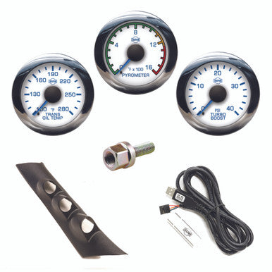 Isspro R50033B EV2 3 Gauge Pillar Kit - Pyro-Boost-Trans Temp w/o Speaker - White Face Chrome Bezel | 1998-2002 Dodge RAM 2500/3500 5.9L Cummins