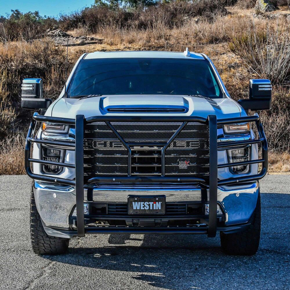 Westin 57-3995S HDX Black Steel Grille Guard with Front Sensors | 2020-2025 GM/Chevrolet Silverado 2500HD/3500HD